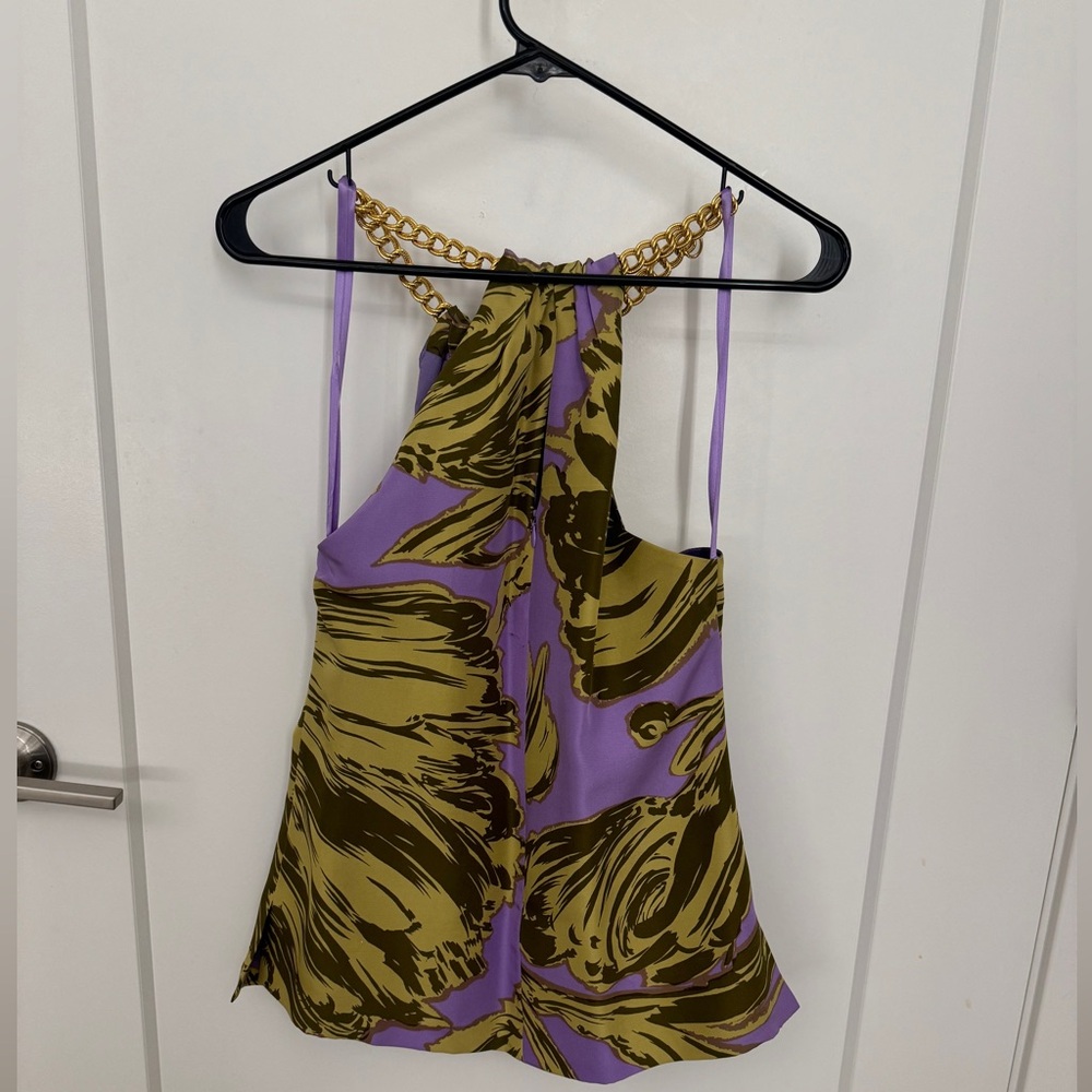 MILLY Silk & Gold Chain Halter Top